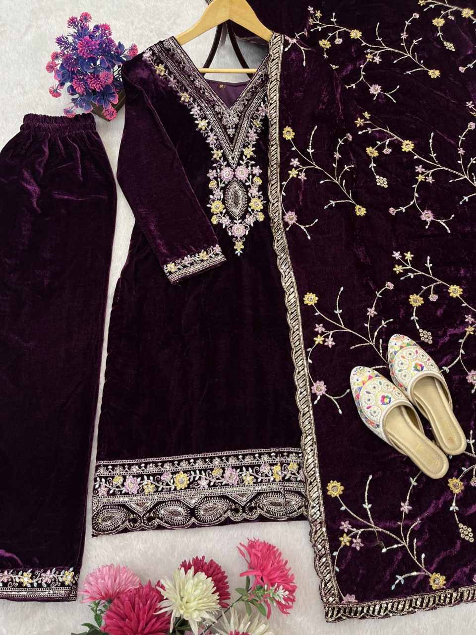 Pure Heavy Viscose Velvet With Embroidery Sequience Work Top Pent