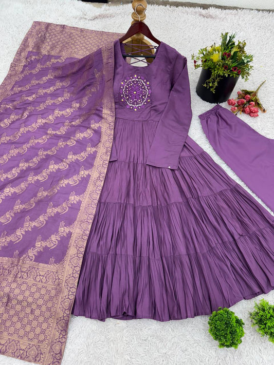 Purple Color Embroidery Work With Roman Silk Top Pent