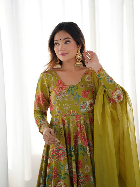 Pure Soft Romaqnsilk Chanderi With Digital Print Work With Padded, Side Zipper KediyaKurti Plazzo