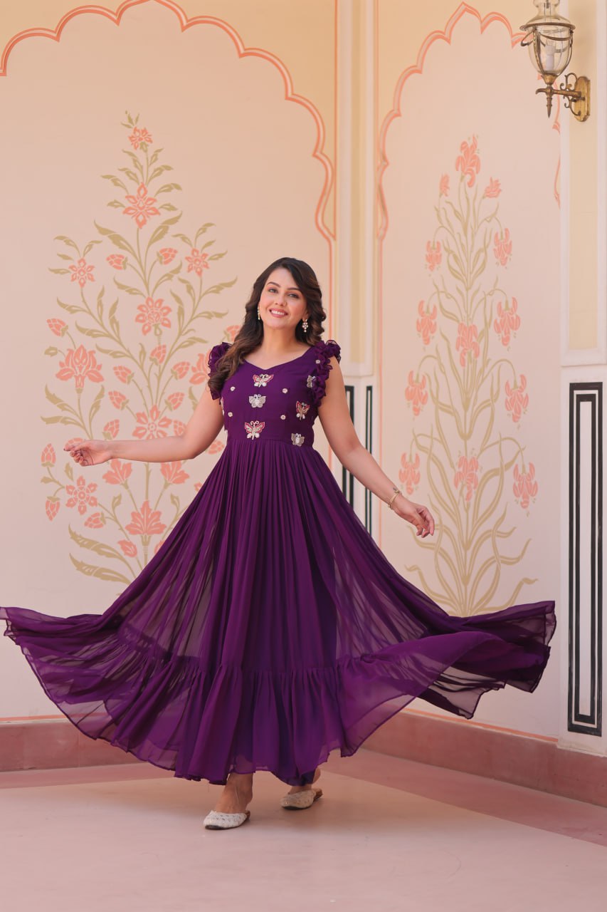 Faux Blooming Sequence With Embroidery Work Gown
