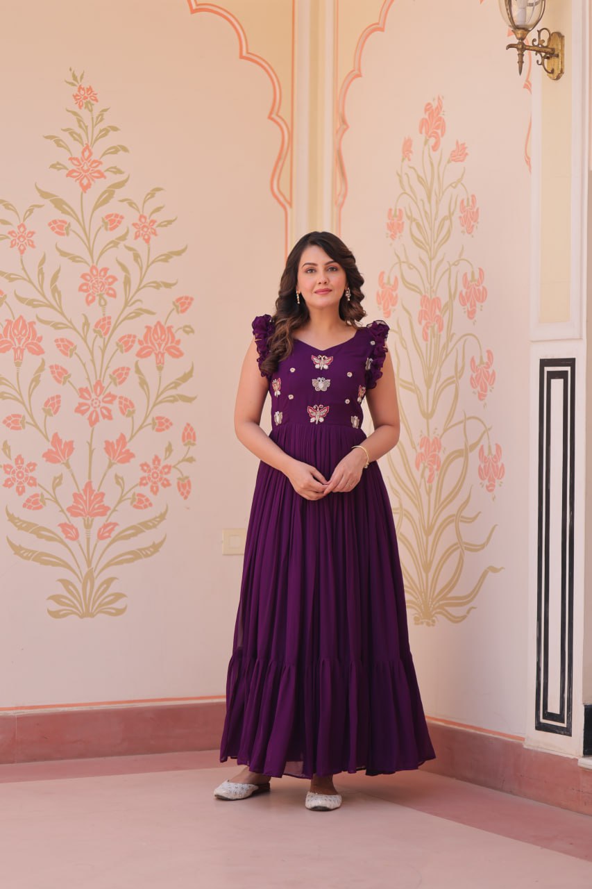 Faux Blooming Sequence With Embroidery Work Gown