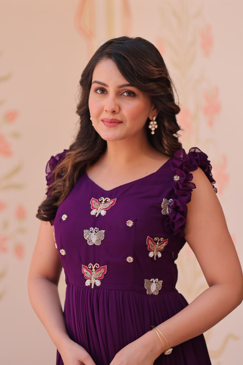 Faux Blooming Sequence With Embroidery Work Gown