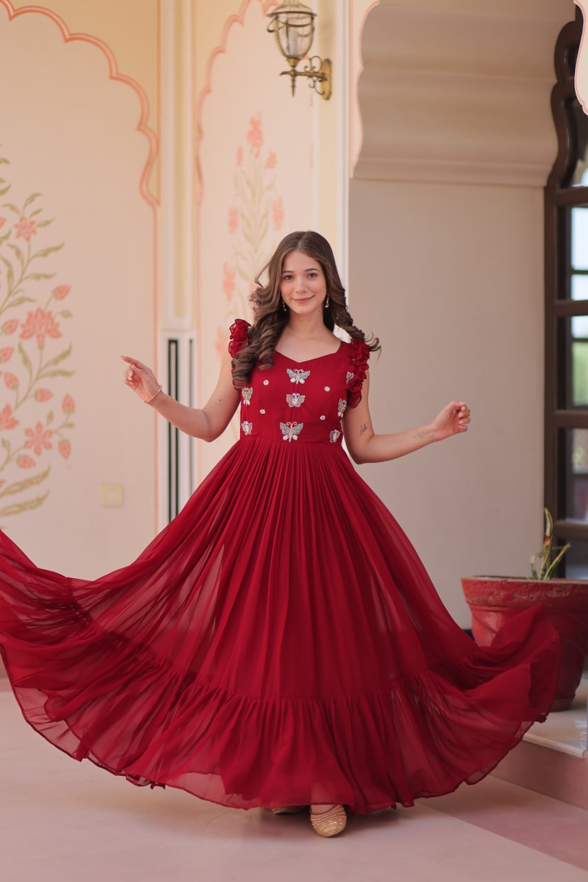 Faux Blooming Sequence With Embroidery Work Gown