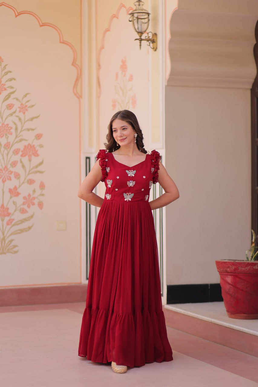 Faux Blooming Sequence With Embroidery Work Gown