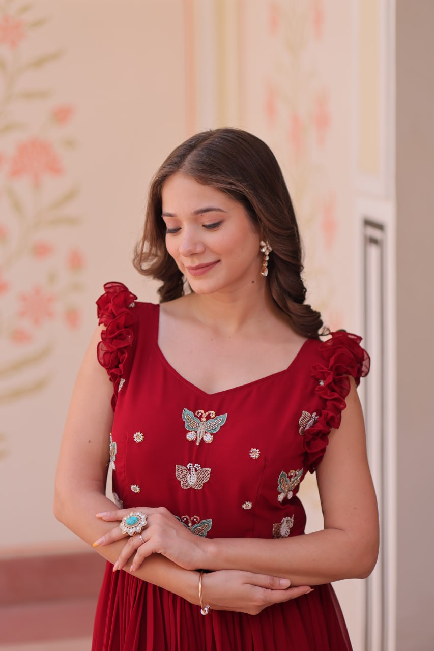 Faux Blooming Sequence With Embroidery Work Gown