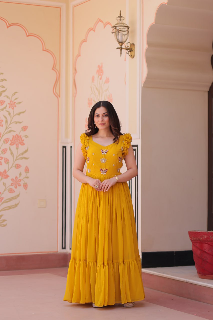 Faux Blooming Sequence With Embroidery Work Gown