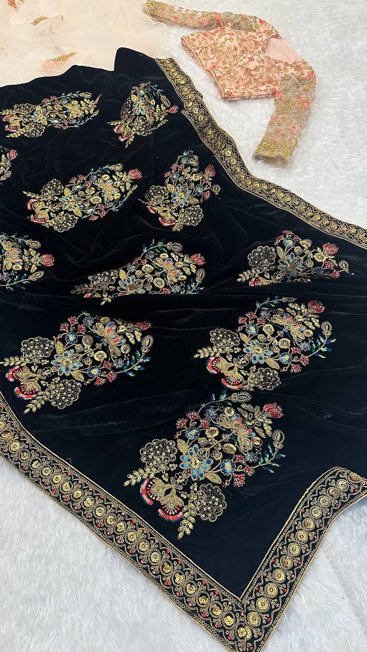sequins With thread Dori work With velvet And Net Saree
