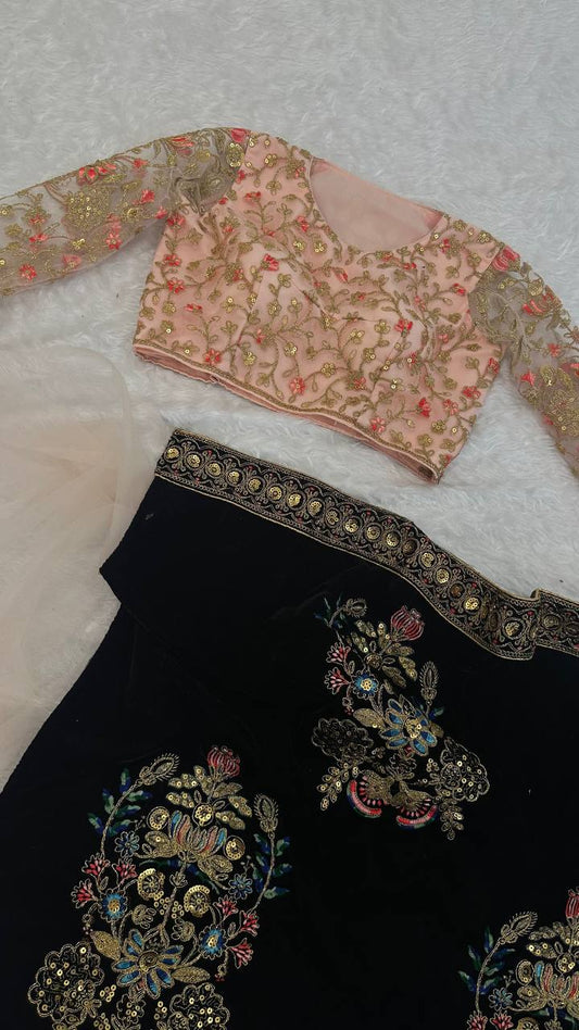 sequins With thread Dori work With velvet And Net Saree