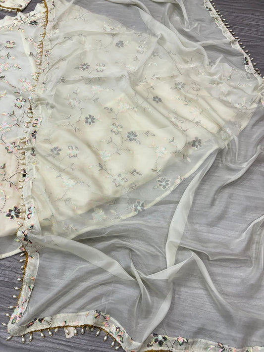 Multi-Sequins & Thread Work Embroidery Net Semi-Stitched Lehenga