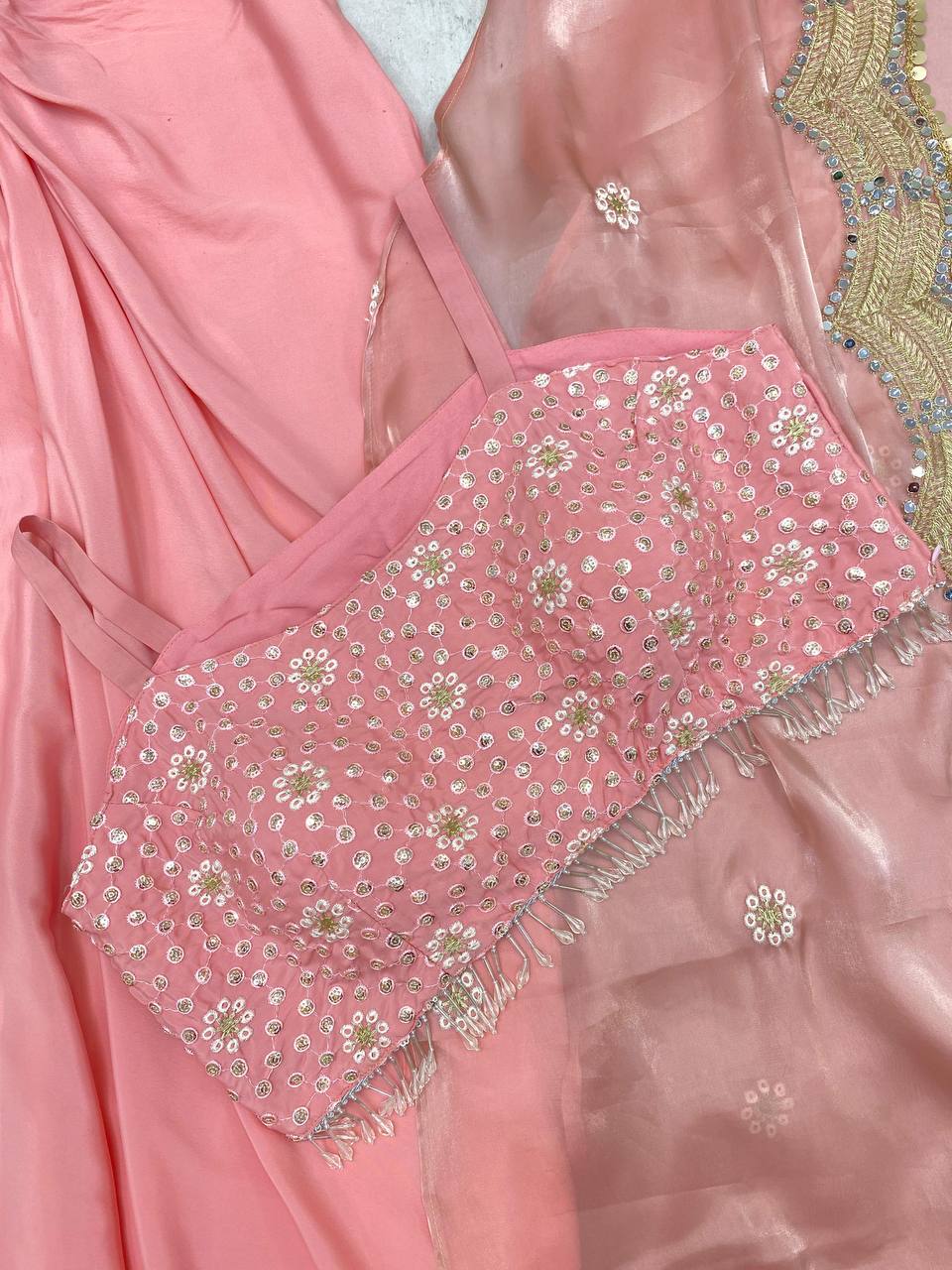 Sequence Embroidery And Silver Moti Lace With CrapeFrench