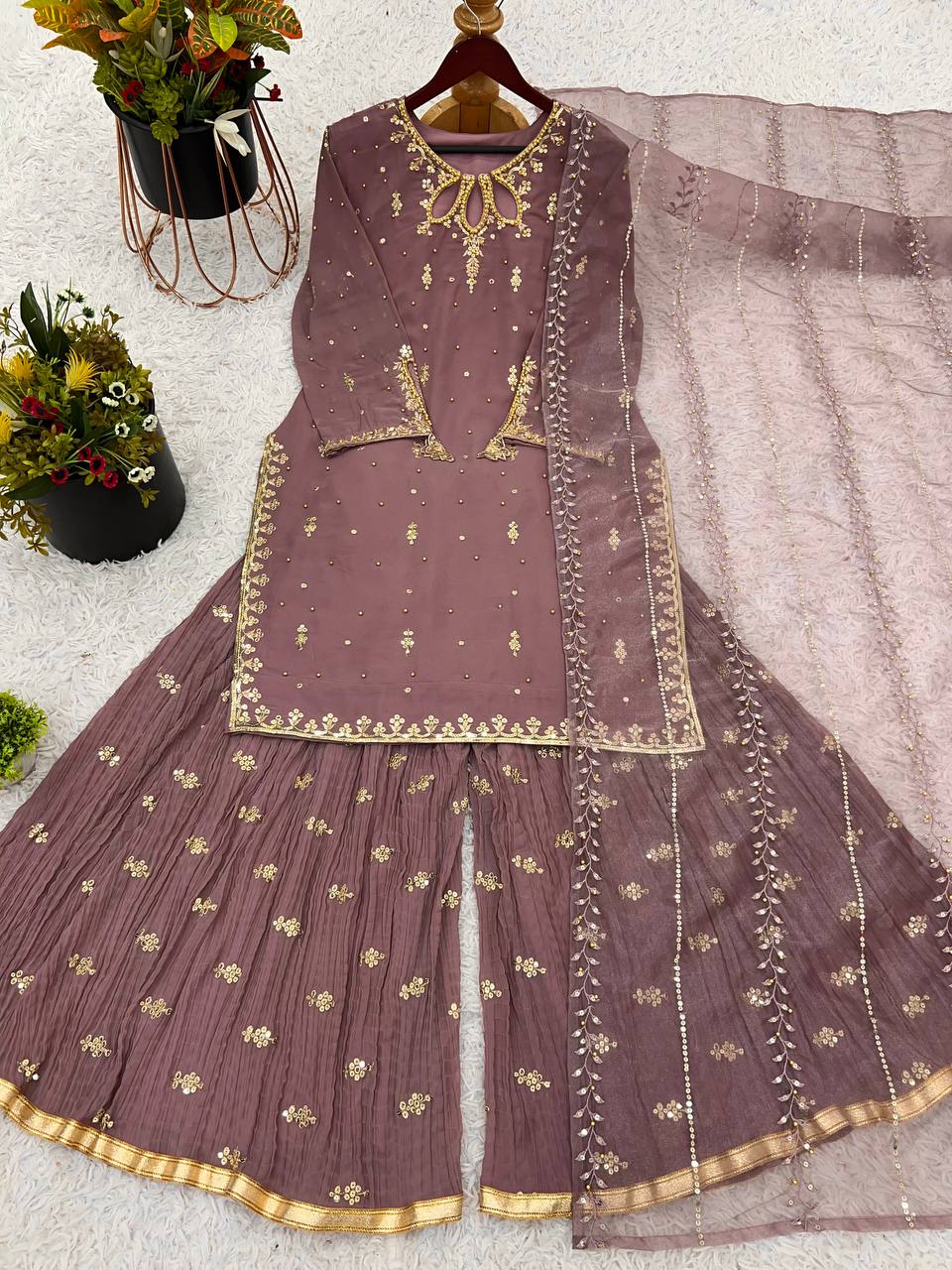Faux Georgette Heavy Embroidery Sequence Work Top Sharara