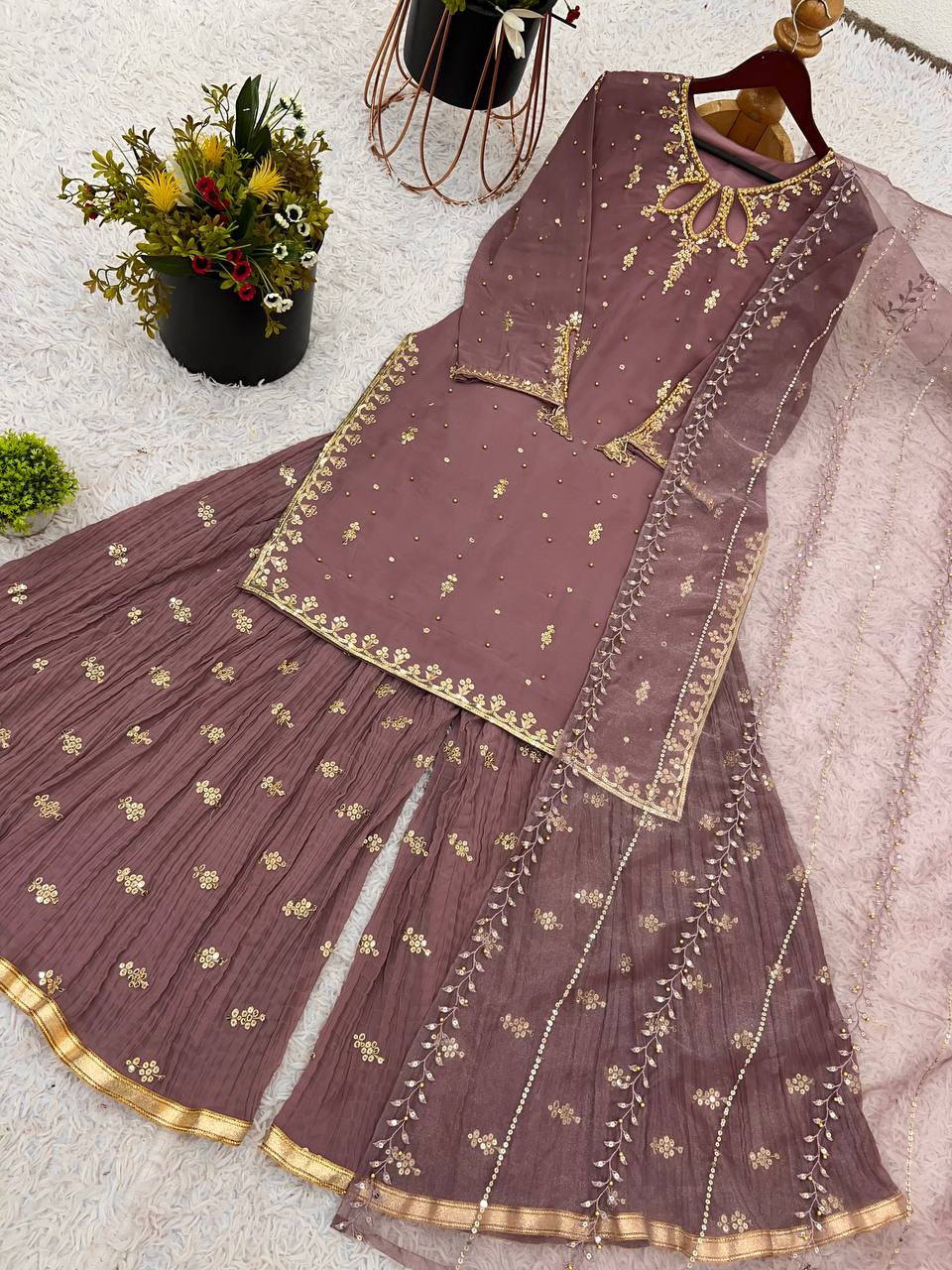 Faux Georgette Heavy Embroidery Sequence Work Top Sharara