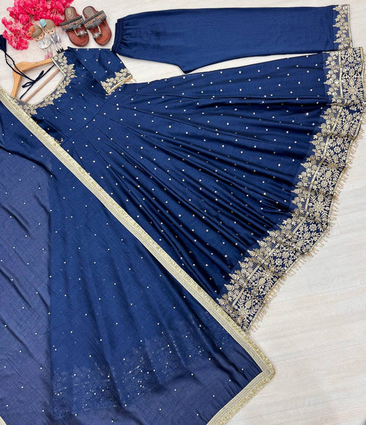 Heavy Pure Vichitra Silk with Embroidery Sequence & Latkan Border Top Pent