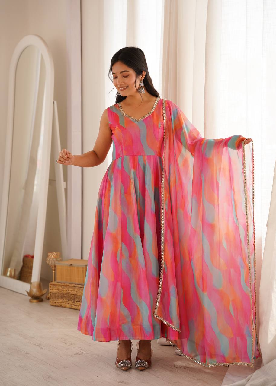 Beautiful Soft Rich Tebi Organza With Golden Mirror Lace Work Gown Set