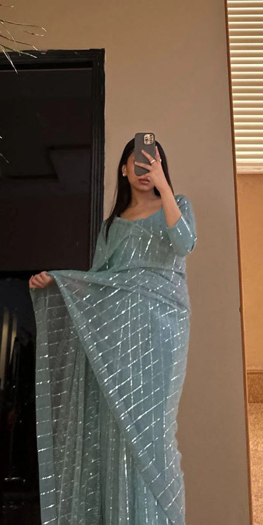 New Shade Imported Net Embellished Tikki Work Saree