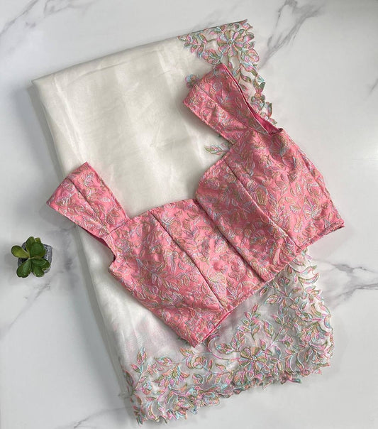 Pure Taby Silk Banglory Silk Embroidery Work Saree