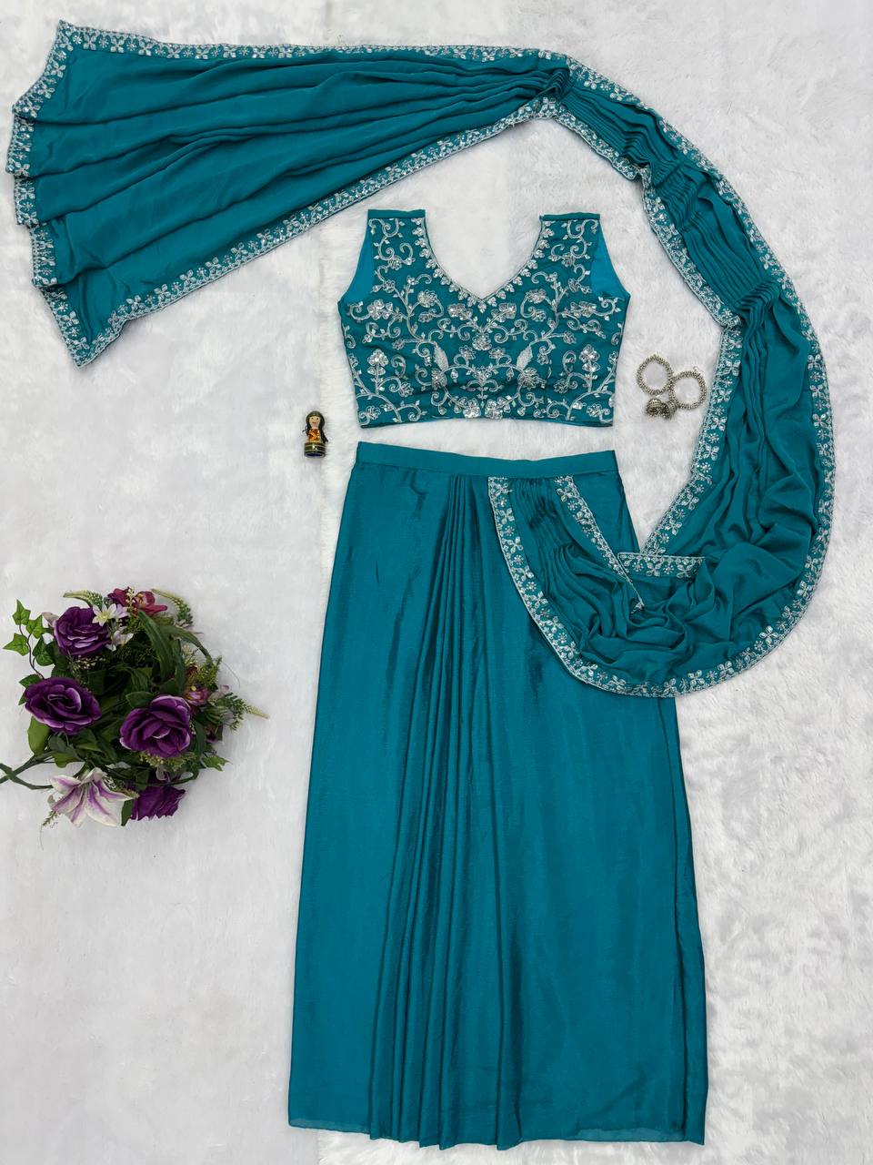 Soft Chinon Silk Embroidery Saree With Heavy Work Full Stitch Blouse