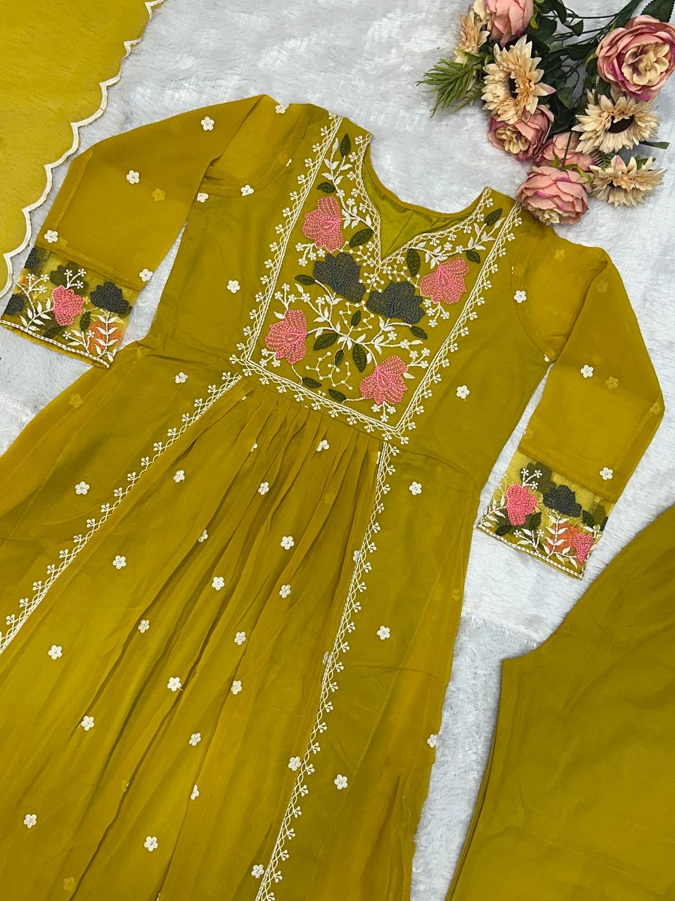 Heavy Fox Georgette with Heavy Embroidery and Sequence Work Top Pent