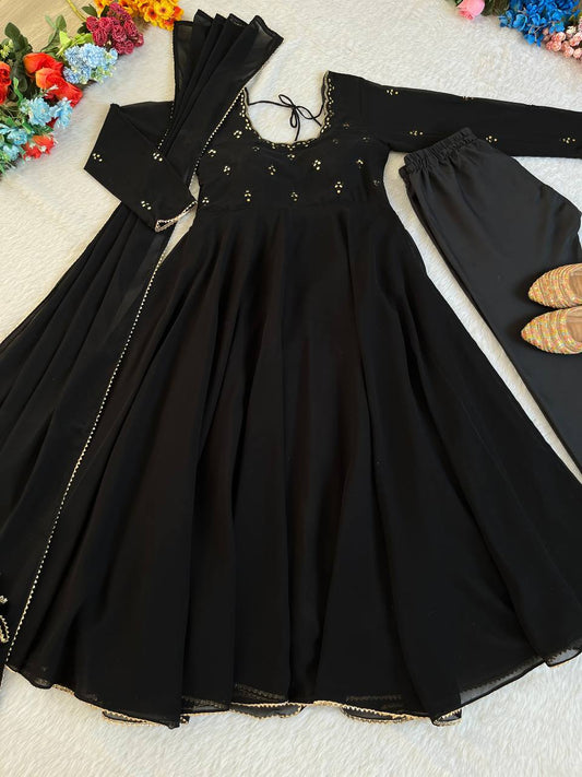 Black Color Georgette Hand Mirror Work Gown