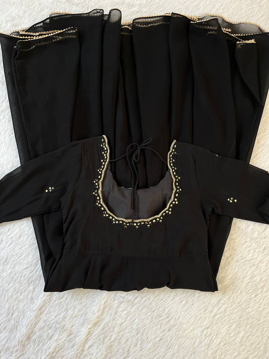 Black Color Georgette Hand Mirror Work Gown