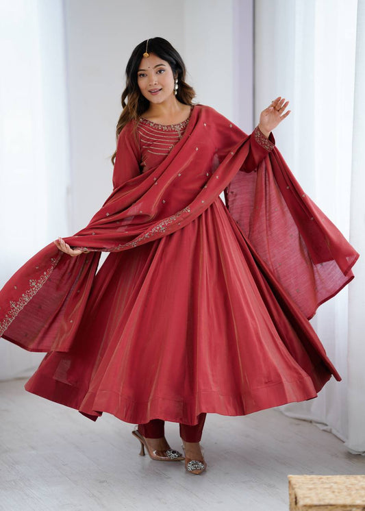 Maroon Color Roman Silk With Hand Work Anarkali