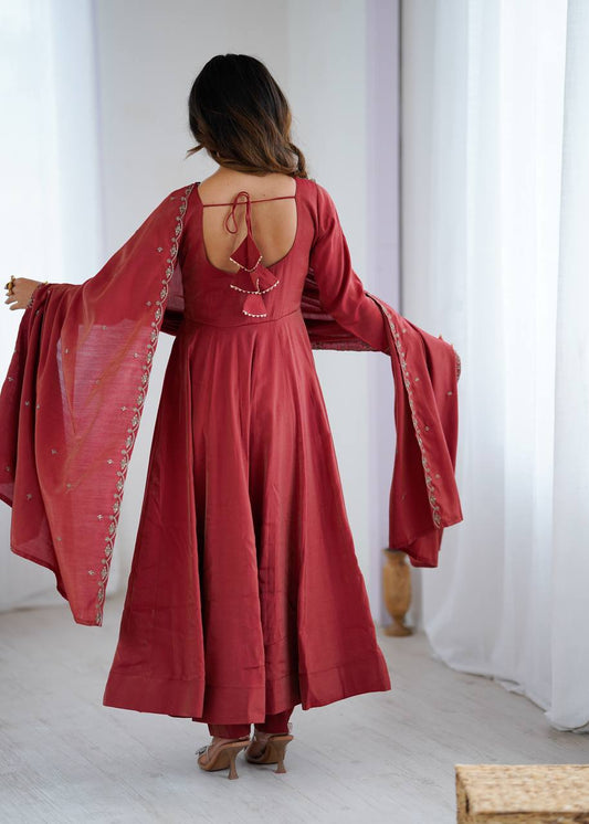 Maroon Color Roman Silk With Hand Work Anarkali
