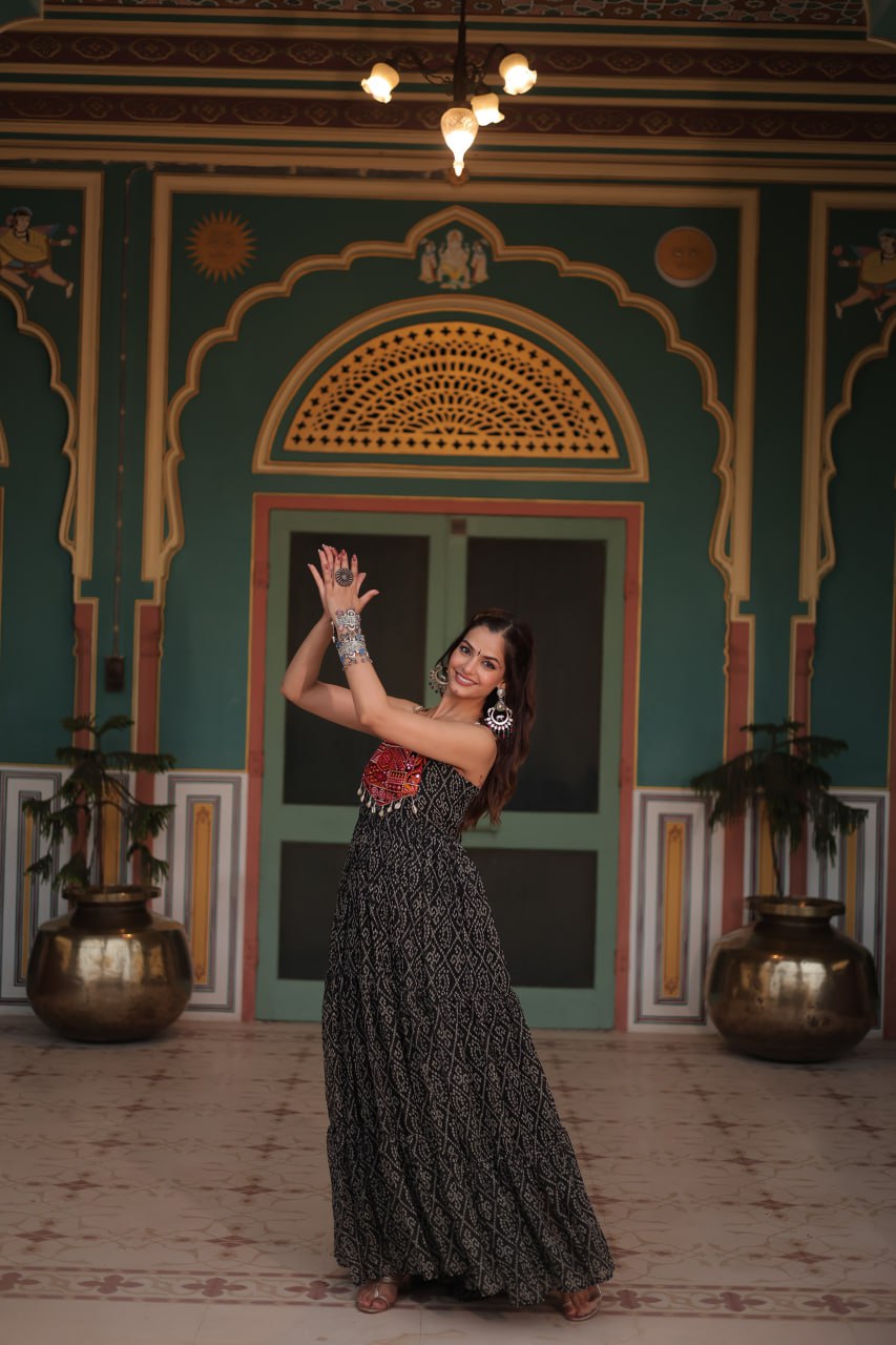 Navratri Special Faux Georgette Bandhani Print Work Gown