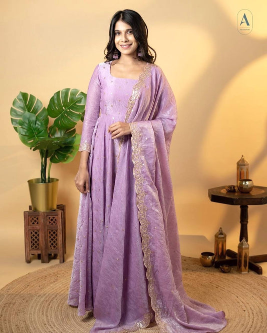 Pur Soft Gold Crush Silk With Embroidery With Sequience Work And 4 Mtr Flair Gown