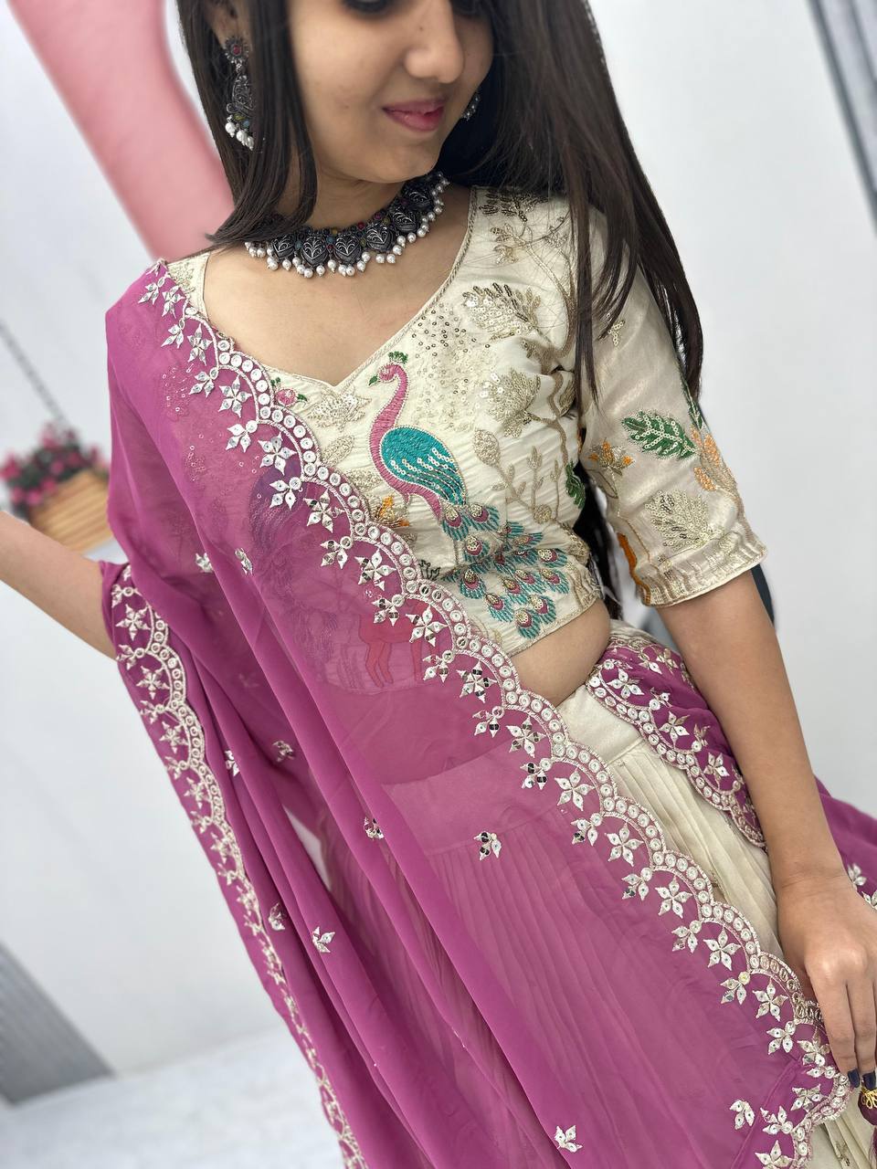 PURE TISSUE SILK PEACOCK WORK FULL READY MADE LEHENGA CHOLI