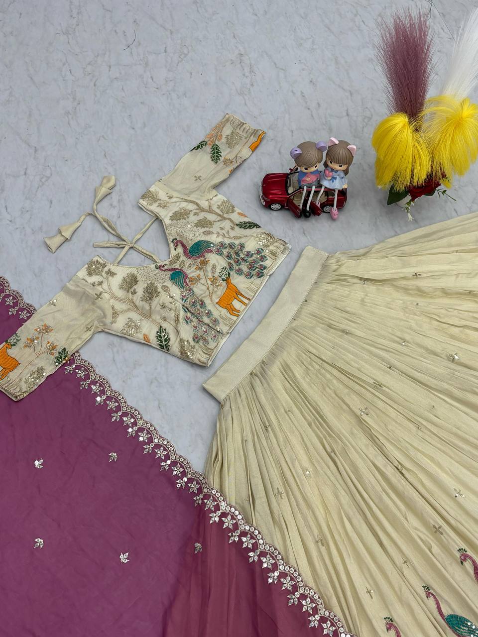 PURE TISSUE SILK PEACOCK WORK FULL READY MADE LEHENGA CHOLI