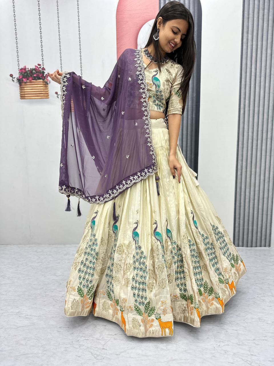 PURE TISSUE SILK PEACOCK WORK FULL READY MADE LEHENGA CHOLI