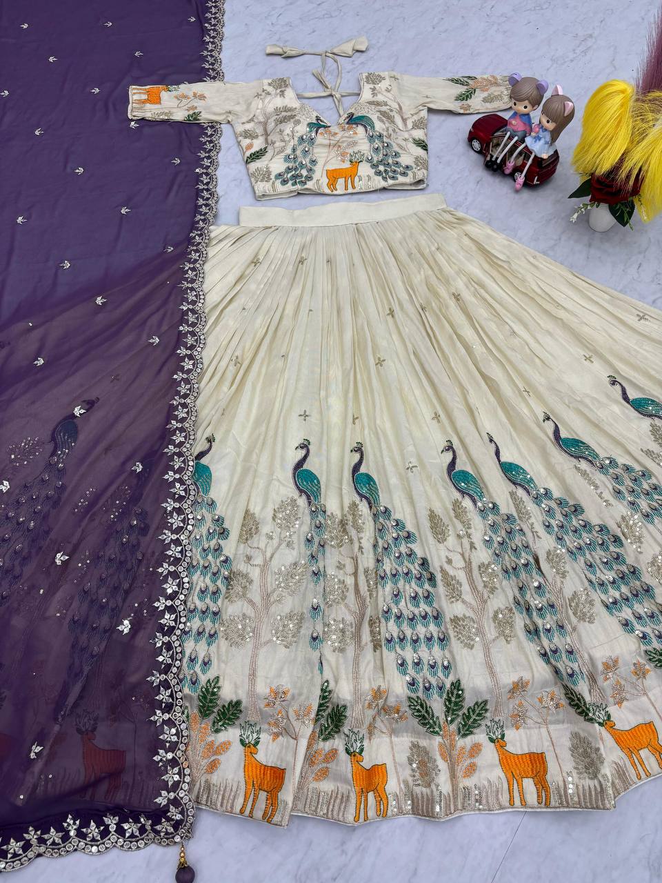 PURE TISSUE SILK PEACOCK WORK FULL READY MADE LEHENGA CHOLI