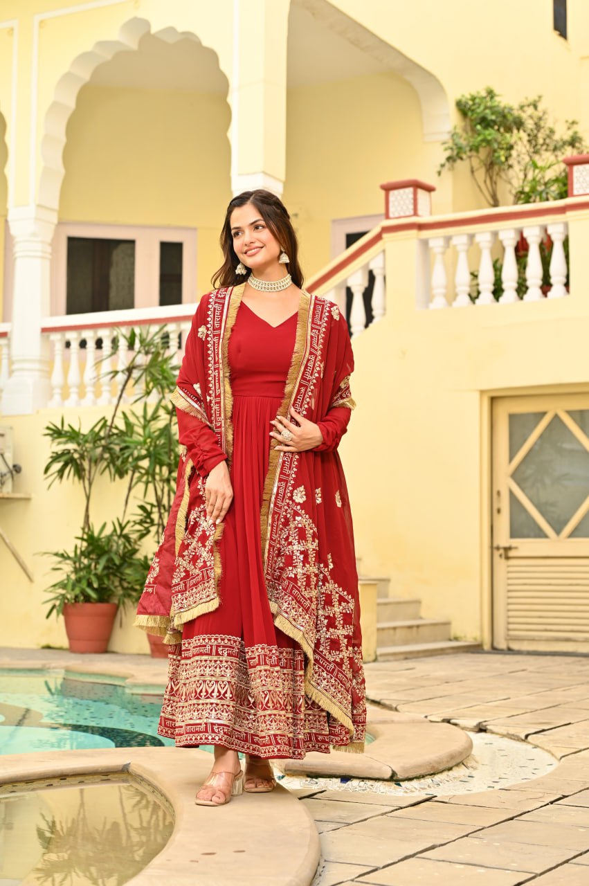 Red Color Faux Blooming With Embroidery Work Gown