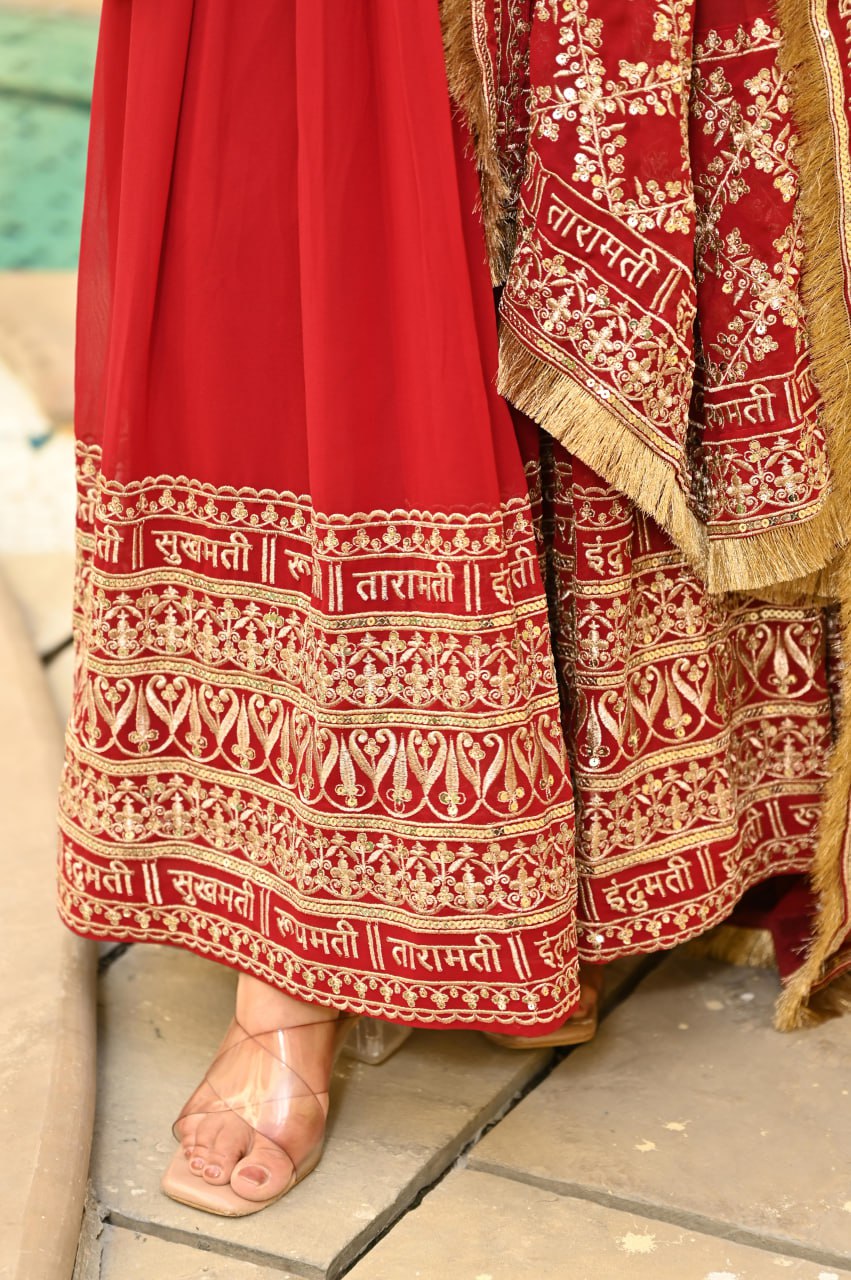 Red Color Faux Blooming With Embroidery Work Gown