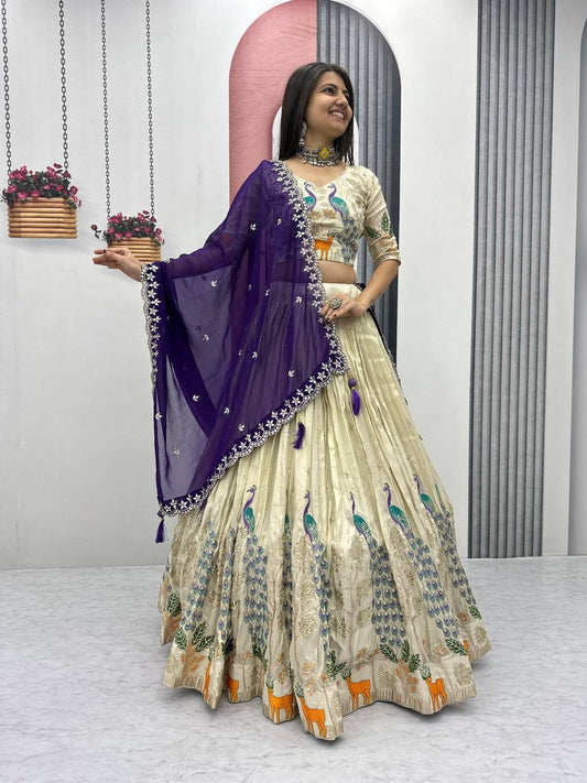 PURE TISSUE SILK PEACOCK WORK FULL READY MADE LEHENGA CHOLI