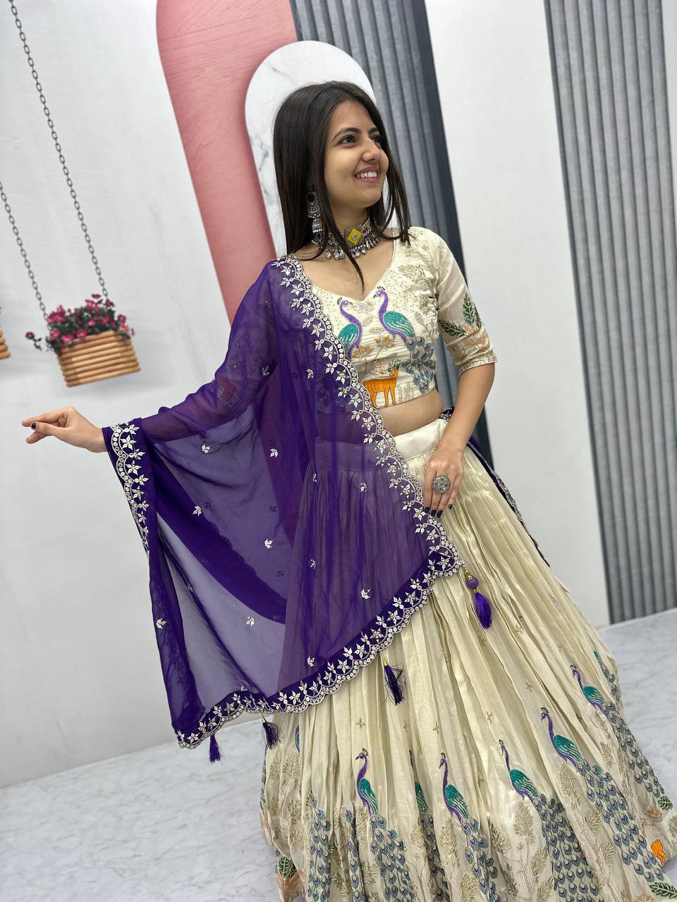 PURE TISSUE SILK PEACOCK WORK FULL READY MADE LEHENGA CHOLI