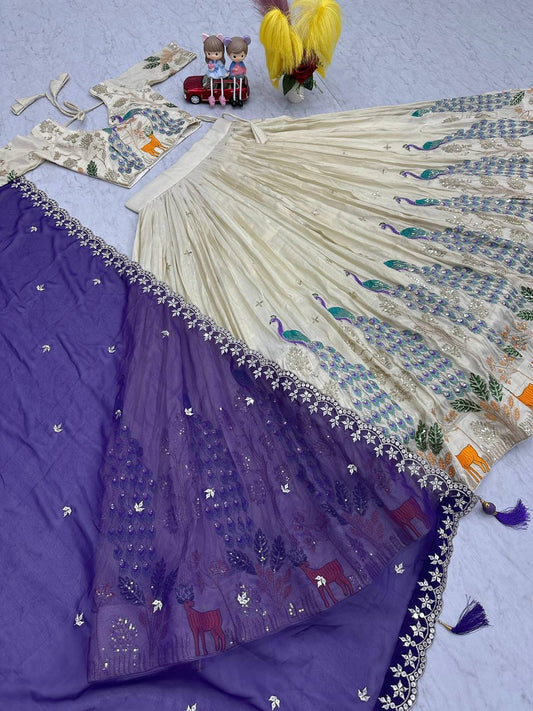 PURE TISSUE SILK PEACOCK WORK FULL READY MADE LEHENGA CHOLI