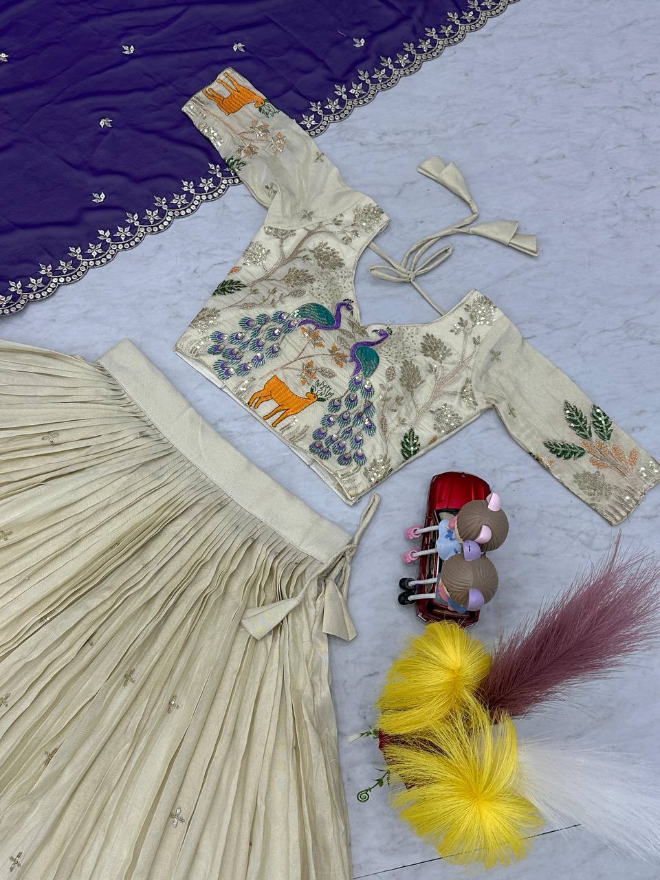 PURE TISSUE SILK PEACOCK WORK FULL READY MADE LEHENGA CHOLI