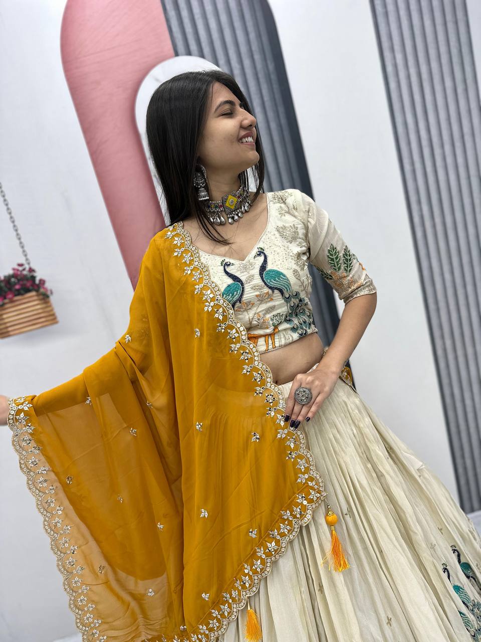 PURE TISSUE SILK PEACOCK WORK FULL READY MADE LEHENGA CHOLI
