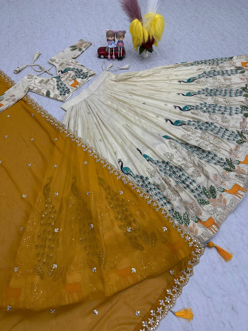 PURE TISSUE SILK PEACOCK WORK FULL READY MADE LEHENGA CHOLI
