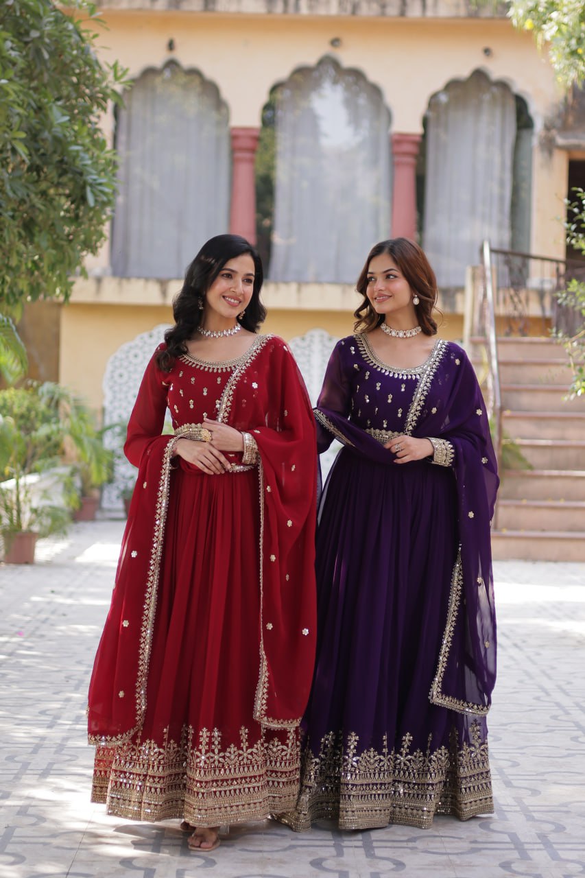 New Design Faux Blooming Embroidery Zari Work Gown