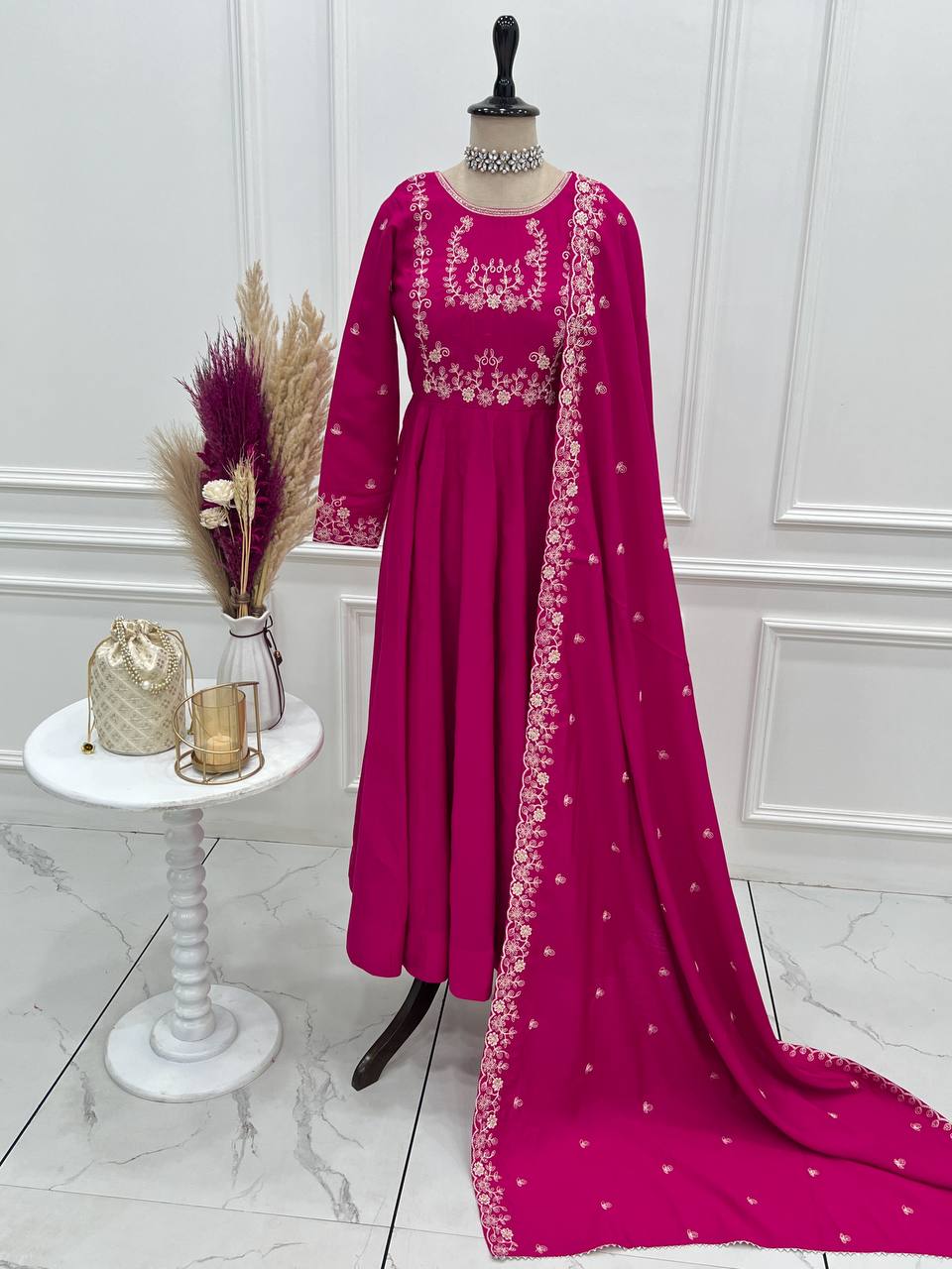 Premium Roman Shimmer Chanderi Silk With Beads Work Ready To Wear Anarkali Gown
