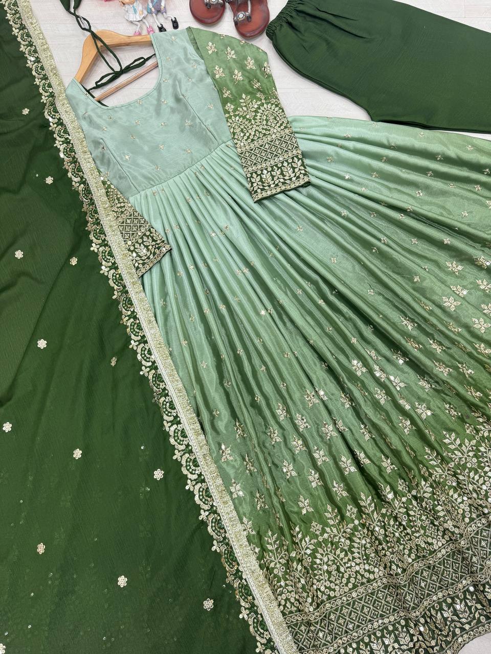 Heavy Pur Micro Cotton Tone Peding Chinon Silk With Sequence Work Gown