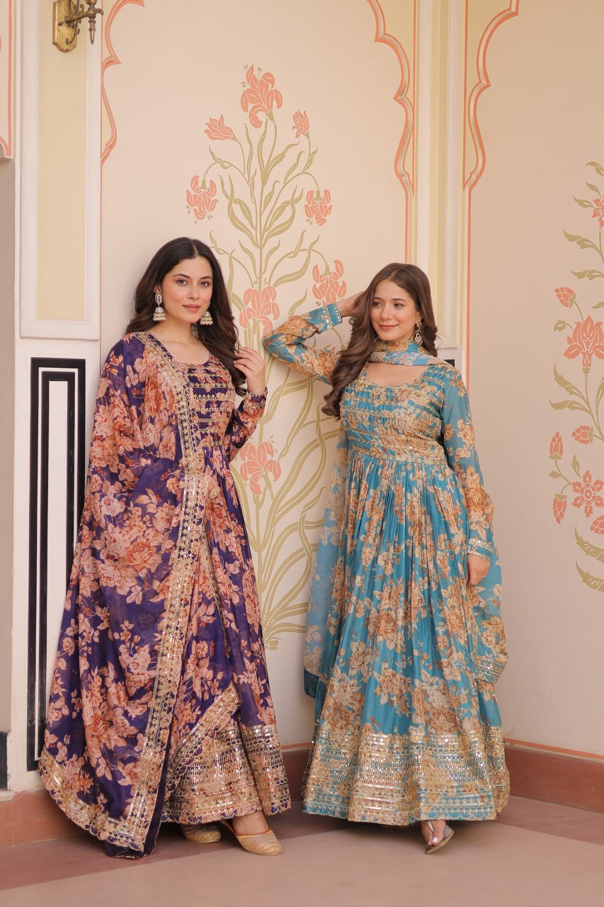 RUSSIAN SILK EMBROIDERED WORK GOWN WITH DESIGNER DUPATTA