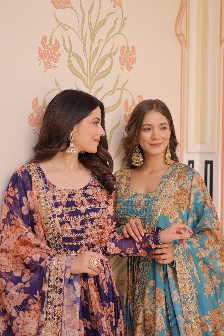 RUSSIAN SILK EMBROIDERED WORK GOWN WITH DESIGNER DUPATTA