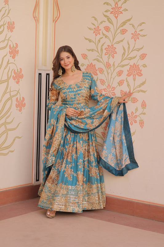 RUSSIAN SILK EMBROIDERED WORK GOWN WITH DESIGNER DUPATTA