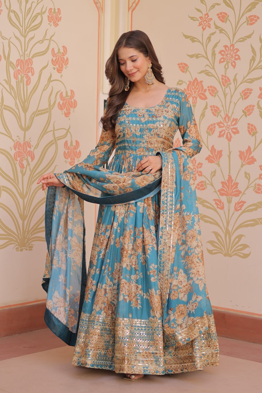 RUSSIAN SILK EMBROIDERED WORK GOWN WITH DESIGNER DUPATTA