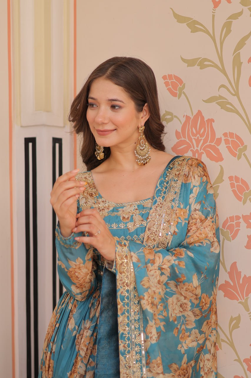 RUSSIAN SILK EMBROIDERED WORK GOWN WITH DESIGNER DUPATTA