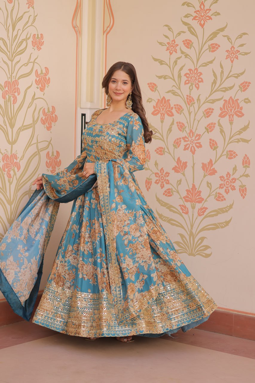 RUSSIAN SILK EMBROIDERED WORK GOWN WITH DESIGNER DUPATTA