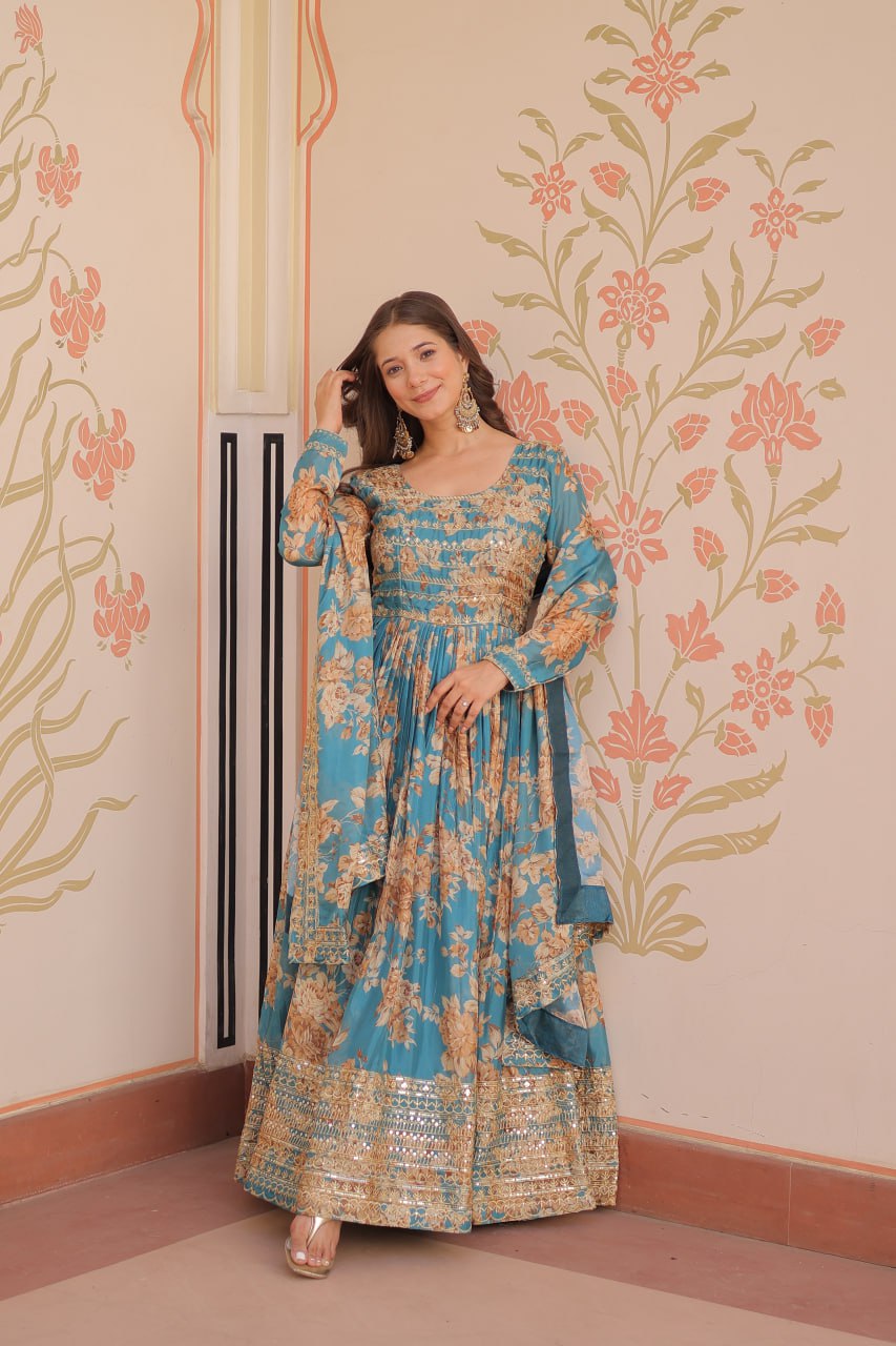 RUSSIAN SILK EMBROIDERED WORK GOWN WITH DESIGNER DUPATTA